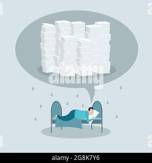 Procrastination concept. Man doesn't want to get out of bed presenting a lot of paperwork. Vector illustration. Stock Vector