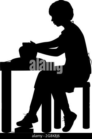 Silhouette boy working on pottery wheel. Illustration icon logo symbol Stock Vector