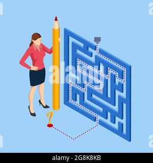 Isometric maze, labyrinth solution. Business team looking for solution in a maze. Challenge. Puzzle riddle logic game isometric concept. The path to Stock Vector