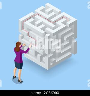 Isometric maze, labyrinth solution. Business team looking for solution in a maze. Challenge. Puzzle riddle logic game isometric concept. The path to Stock Vector
