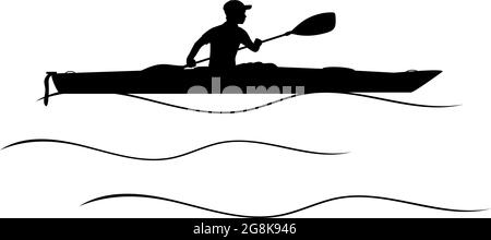 Silhouette boy learns paddling Kayak. Kayaking water sport. Illustration icon symbol Stock Vector