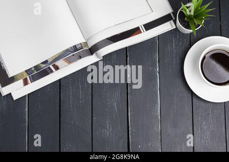 Close up stacking magazine place on table background Stock Photo