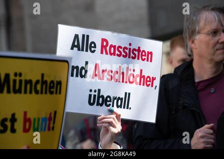 Muncih, Germany. 01st May, 2019. Sign against racism. On 1.5.2019 a few hundreds protested against a small group of AfD supporters in Munich. The AfD held a rally at the St. Paul's Church in Munich after a man who was mentally confused man disturbed the easter mess in the church. (Photo by Alexander Pohl/Sipa USA) Credit: Sipa USA/Alamy Live News Stock Photo
