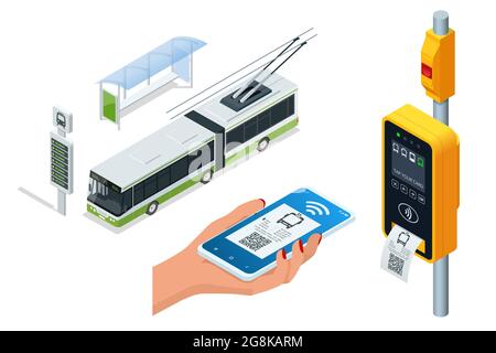 Isometric electronic Contactless wireless payment via mobile phone. Trolleybus ticket validator. Woman paying contactless with smartphone for public Stock Vector