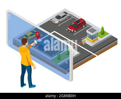 Isometric parking lot displayed on screen. Car park location on Smartphone. Smartphone application for online searching free parking place on the map Stock Vector