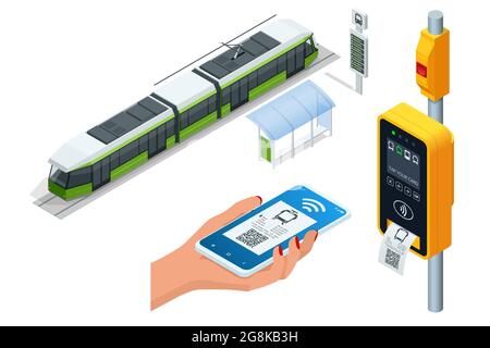 Isometric electronic validator of public transport fare. Contactless wireless payment via mobile phone. tram ticket validator. Woman paying Stock Vector