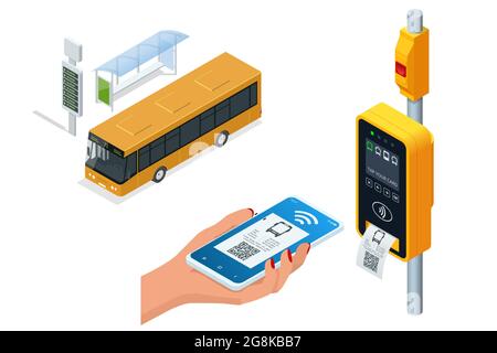 Isometric electronic validator of public transport fare. Contactless wireless payment via mobile phone. Bus ticket validator. Woman paying contactless Stock Vector