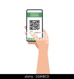 Certificate of vaccination on mobile phone screen in hand Stock Vector