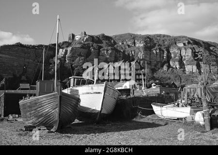 A view of Fishing Boats on the beach at Hastings Old Town Stock Photo