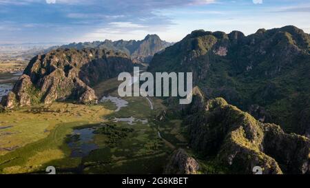 Van Long Natural Reserve in Ninh Binh, Vietnam from aerial view Stock Photo