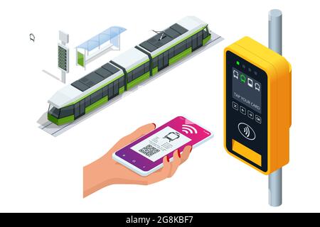 Isometric city tram with electronic ticket validation machine. Woman paying conctactless with smartphone for the public transport in the tram Stock Vector