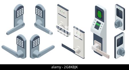 Isometric Door electronic access control system machine. Biometric access control machine, Electronic security door lock icon with keypad and Stock Vector