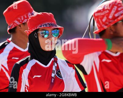 Tokyo, Japan. 21st July, 2021. Players of Indonesia are seen during a training session ahead of the Tokyo 2020 Olympic Games at the Yumenoshima Park Archery Field in Tokyo, Japan, July 21, 2021. Credit: Li Gang/Xinhua/Alamy Live News Stock Photo