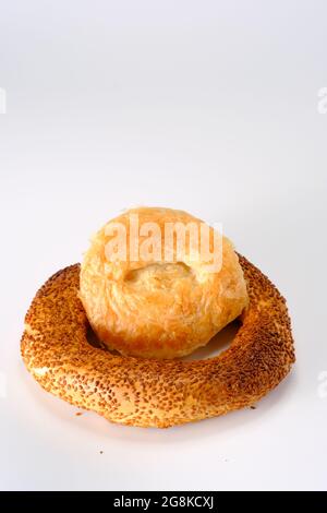 Turkish pastry boyoz  and Turkish bagel together on a white background Stock Photo