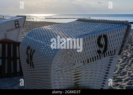 Beach chair in the evening, beach in East Germany, Kuehlungsborn Stock Photo