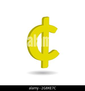 3D Vector illustration of Cent sign isolated in white color background. Currency symbol of basic monetary unit. Stock Vector