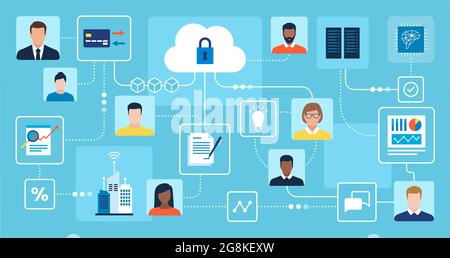 Users working remotely and sharing data online, business and technology concept Stock Vector