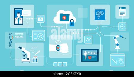 Innovative healthcare, medical research and technology: network of medical data and applications Stock Vector