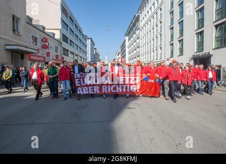 Munich, Germany. 01st May, 2019. Front banner with Matthias Jena. On 1.5.2019 a few thousands people demonstrated at the MayDay protest in Munich. (Photo by Alexander Pohl/Sipa USA) Credit: Sipa USA/Alamy Live News Stock Photo