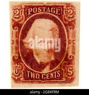 Confederate postage stamps, two cent brown red, general issue 1863, type 8. Postage stamp depicts Andrew Jackson printed in brown red. Postal service of the Confederate States of America. Richmond, Va. : Dietz Printing Co., 1929. Stock Photo