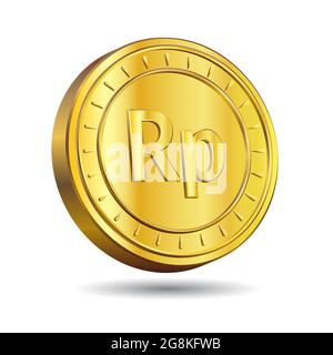 3D Vector illustration of Gold Rupiah Coin isolated on white color background. Indonesian currency symbol. Stock Vector