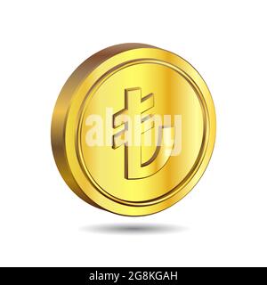 3D Vector illustration of Gold Coin with Turkish Lira sign isolated on white color background.. The currency of Turkey and Northern Cyprus. One. Stock Vector