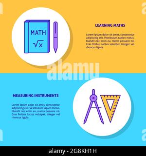 Learning maths flyer set with place for text. Math book and measuring instruments symbols. Vector illustration. Stock Vector