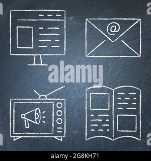 Advertising methods icon set on chalkboard. TV advertisement, email distribution, printed ads and website. Vector illustration. Stock Vector