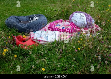 scarecrow dressed in brightly coloured clothes as a child sleeping amongst the wildflowers
