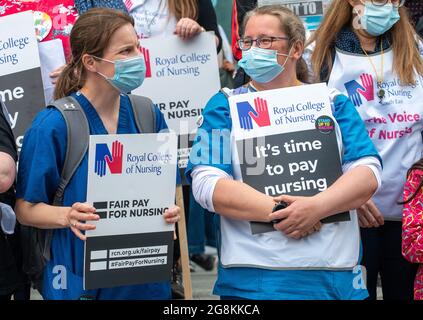 London, UK. 3rd July 2021. NHS workers protest over pay justice, demanding a 15% pay rise from the government, patient safety and an end to privatisation. The march also marked the 73rd anniversary of the National Health Service. Stock Photo