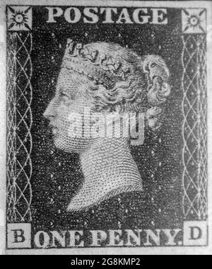 Unused single 'Penny Black' postage stamp of Queen Victoria issued May 6, 1840 After a design by William Wyon Stock Photo