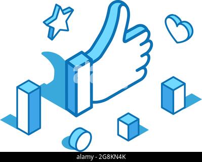 Like, thumb up blue line isometric illustration. Approve gesture, best 3D banner template. Stock Vector