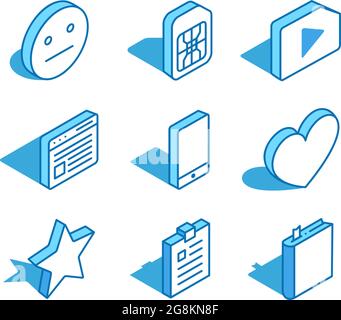 Set of web isometric icon. SIM card, phone, heart, star, book and more. 3D line style symbol. Stock Vector