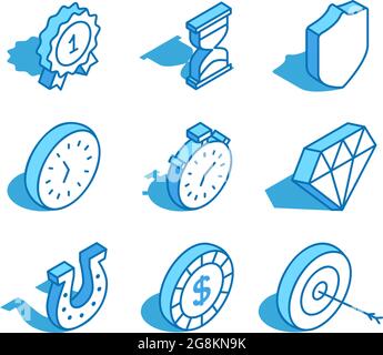 Set of web isometric icon. Hourglass, shield, clock, stopwatch, diamond, coin and more. 3D line style symbol. Stock Vector