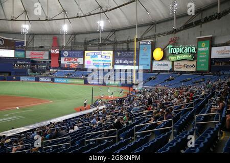 St. Petersburg, FL. USA; Tampa Bay Rays mascot D.J. Kitty entertains the  fans during a major league baseball game against the Seattle Mariners,  Monday, August 2, 2021, at Tropicana Field. The Mariners