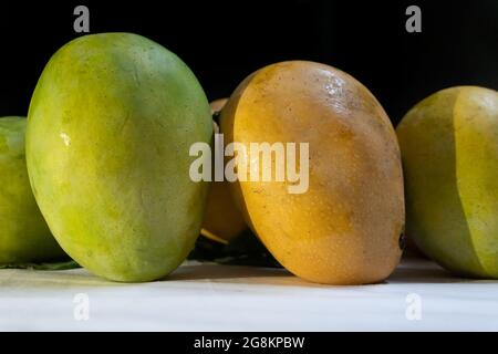 Mangoes, juicy stone fruits, from numerous species of tropical trees belonging to the flowering plant genus Mangifera, cultivated mostly for their edi Stock Photo