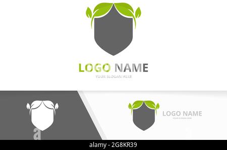 Shield and leaves logo design template. Premium security logotype. Stock Vector