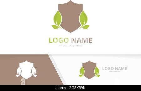 Shield and leaves logotype. Business protection logo design template. Stock Vector