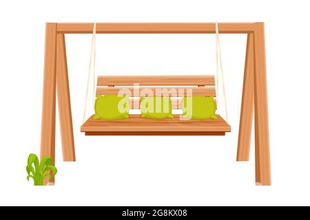 Wooden swing backyard furniture, hanging bench in cartoon style isolated on white background. Rural comfortable seat. Garden, park decoration. Vector illustration Stock Vector