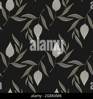 Physalis gold doodling pattern on a black background. Vector illustration Stock Vector