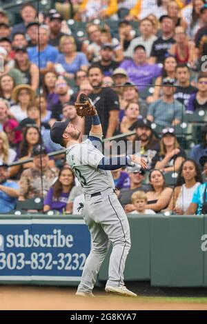 Denver, USA, 21st July 2021. July 1202021: Seattle shortstop J.P. Crawford  (3) during pregame with the Seattle Mariners and the Colorado Rockies held  at Coors Field in Denver Co. David Seelig/Cal Sport