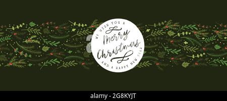 Lovely hand drawn Christmas branches seamless pattern, cute doodle background with fir, holly berries and decoration - great for wrapping, textiles, b Stock Vector