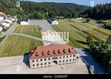 21 July 2021, Bavaria, Flossenbürg: The Flossenbürg concentration camp memorial. (Aerial view with drone). Photo: Armin Weigel/dpa Stock Photo