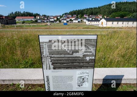 21 July 2021, Bavaria, Flossenbürg: An information board is located on the grounds of the Flossenbürg concentration camp memorial. Photo: Armin Weigel/dpa Stock Photo