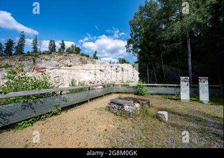 21 July 2021, Bavaria, Flossenbürg: The quarry of the Flossenbürg concentration camp. The Free State firmly rejects any further use of the quarry beyond the current lease period. Photo: Armin Weigel/dpa Stock Photo