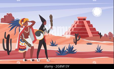 aztec pyramid traditional culture in landscape vector illustration