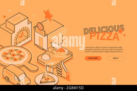 Delicious pizza - line design style isometric web banner. Online food ordering, Italian cafe orange header with copy space for text. Cook, board, ingr Stock Vector