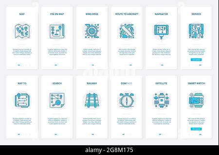 Gps navigation map, transportation direction vector illustration. UX, UI onboarding mobile app page screen set with line gps location, navigator electronic device for car travel railway aircraft route Stock Vector