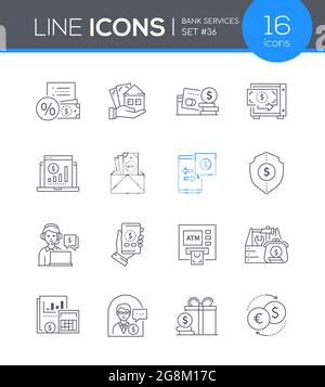 Bank services - line design style icons set. Financial management, budget idea. Credit, mortgage, cards, deposit, investments, payments, money transfe Stock Vector