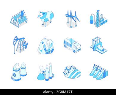Industry and environment - modern line isometric icons set. Industrial equipment and ecology idea. Wind turbines, oil pump. Woodworking, nuclear power Stock Vector